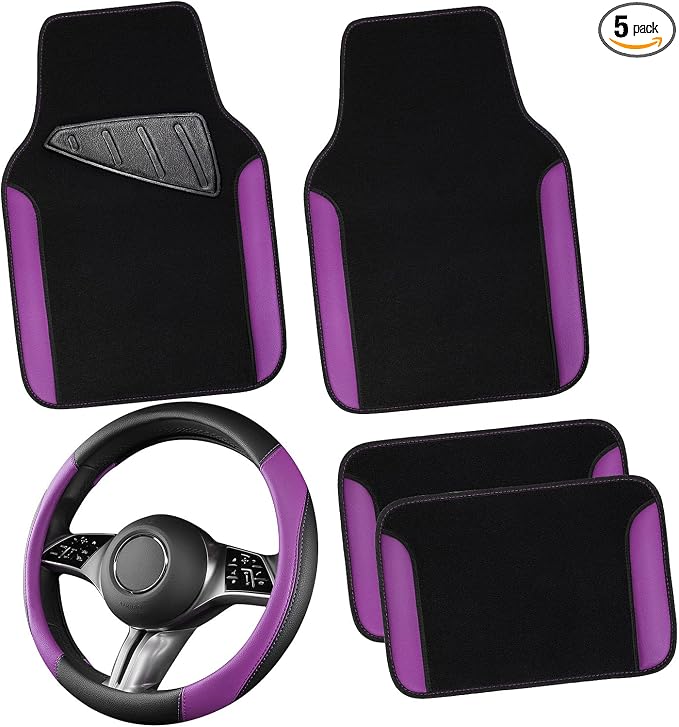 Faux Leather Steering Wheel Cover and Waterproof Car Floor Mats,Universal Car Combo Fit for 95% Sedan,SUV,Cars,14.5-15inch Sporty Anti-Slip Safety Comfortable Design(Black＆Purple)