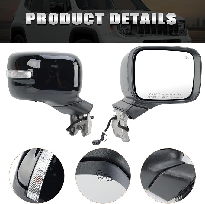 Passenger Side Mirror Compatible with Jeep Renegade 2015-2023 with Temperature Sensor Power Glass Heated with Turn Signal Blind Spot Manual Folding Bright Black Right Door Mirrors (7＋3 Pins)