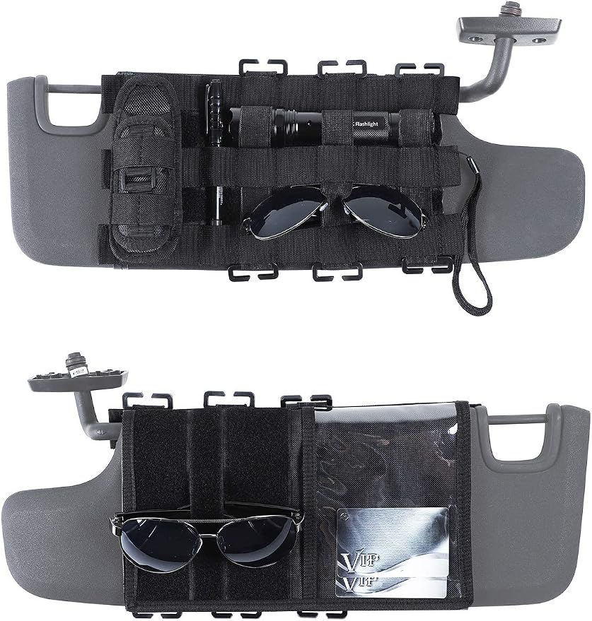 Tactical Sun Visor Organizer Front Visor Storage Cover for 2007-2023 Jeep Wrangler JK JL & Gladiator JT, Interior Storage Accessories, Black, 1 PCS