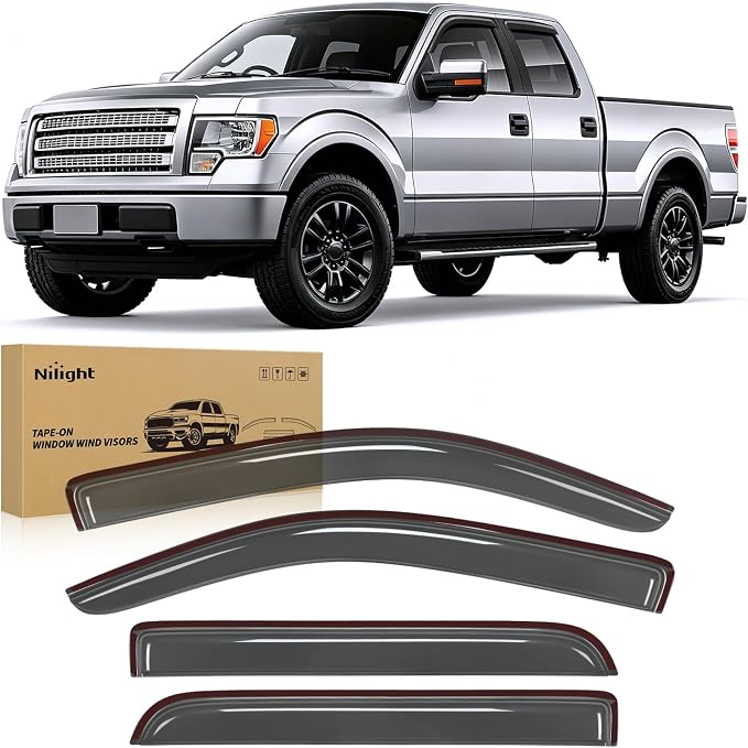 Tape-On Window Visors for Ford F150 Crew Cab 2009-2014 Rain Guards Wind Deflectors Vent Shades, Smoke Sun Rain Guard, 4PCS