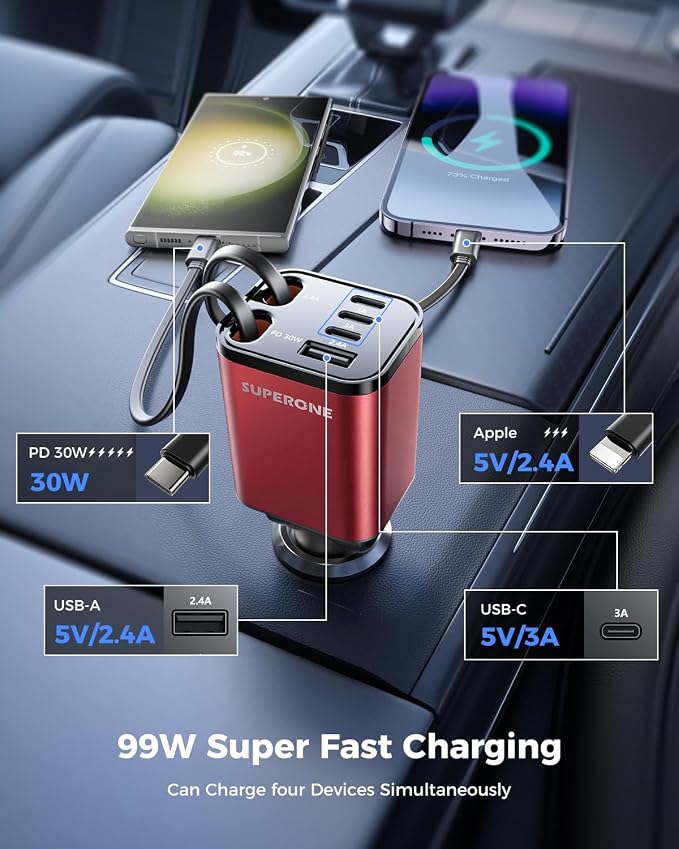 [Upgraded] 6 in 1 Retractable Car Charger, Smaller Fast Car Phone Charger 69W with Cord, USB C and iPhone Car Charger Adapter, Compatible iPhone 17/17 Pro Max/16/15/14/13/12/11, Sumsung