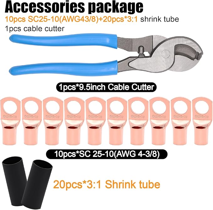 4 Gauge Wire (25 Feet Black+25 Feet Red) Copper Clad Aluminum Automotive Power Ground Cable Wire,20PCS Lugs Terminal Connectors,Heat Shrink Tubing,100A ANL Fuse with Cable Cutter