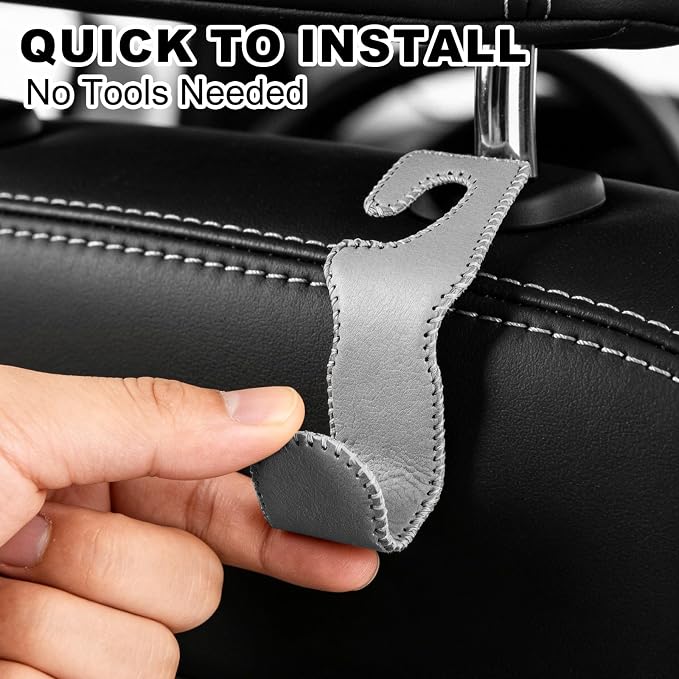 Car Seat Hooks for Purses and Bags, 4 Pack Car Purse Holder for Grocery Bag Handbag Clothes, Metal Headrest Hooks Covered by Leather, Gray