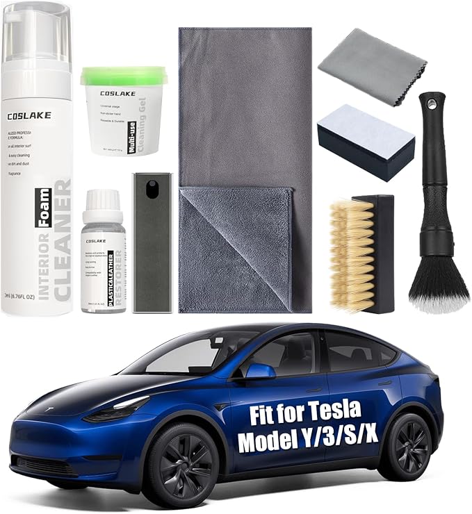 9PCS Interior Cleaner Kit for Tesla Model Y/3/S/X Accessories | Foam Seat Cleaner Safe for Tesla Black & White Vegan Leather, Car Detailing Kit with Screen Cleaner, Plastic Restorer
