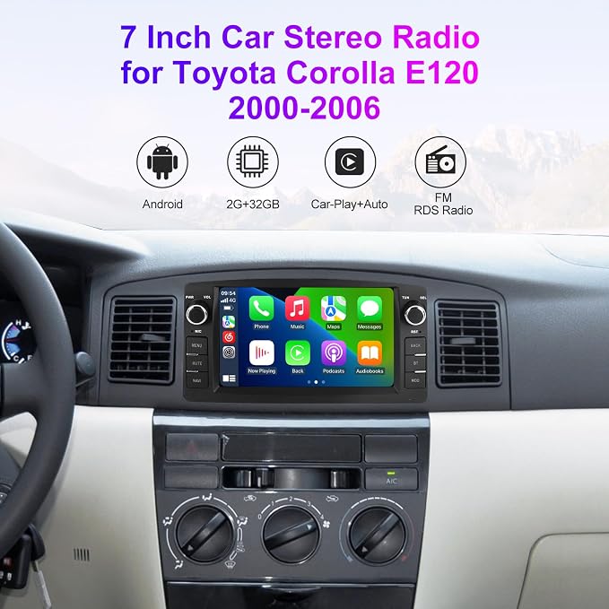 Android Double Din Car Stereo for Toyota Corolla E120 2000 2001 2002 2003 2004 2005 2006, 7 Inch Touch Car GPS Radio Wireless Car-Play Android Auto Support WiFi Blue-Tooth FM RDS, 2GB RAM 32GB ROM