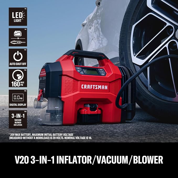 3-in-1 Cordless Portable Tire Inflator 160 PSI Air Compressor, 4.0Ah Battery & 12V Charger, Car Vacuum, Dust Blower & LED Light for Car, Bike, Ball, Inflatable Mat & SUP