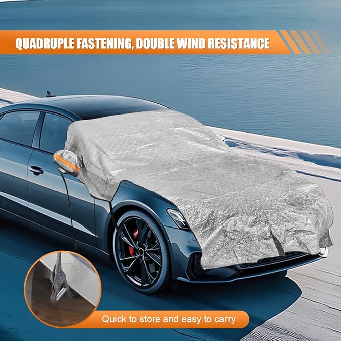 Car Windshield Snow Cover, Waterproof Auto Front Window Ice Protector with Side Mirror Covers, Universal Windproof Windshield Sunshade Dust Cover for Sedan, SUV, Truck (White)