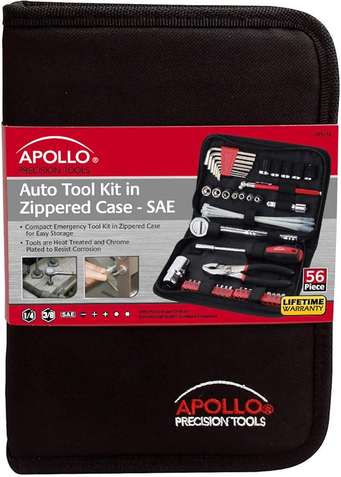 56 Piece Compact SAE Auto Tool Set in Zippered Case, Small Mechanic Tool Set for Car Emergency, Motorcycle Repair on the Road, Great for Travel Tool Needs - Red - DT9774