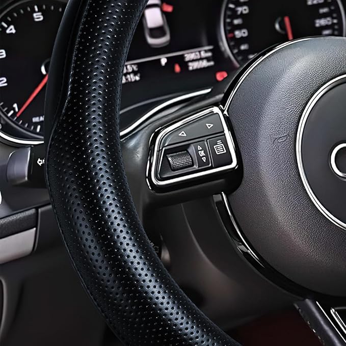 Haokay Heavy Duty Pure Cowhide Steering Wheel Cover, Genuine Leather Steering Cover with 15 Inches Universal Fit