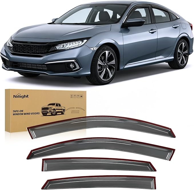 Tape on Rain Guards for Honda Civic Sedan 2016-2021, Not Fit Hatchback, Window Deflectors Window Visors for All Weather, Highway Driving & Ventilation, Smoke Tinted, 4PCS