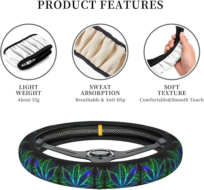 Elastic Car Steering Wheel Cover,Psychedelic Cannabis Leaf Weed Plant Protector Upgrade Thicken,Durable Soft Car Accessories for Diverse Cars Truck SUV for Men Women Universal 15 Inch