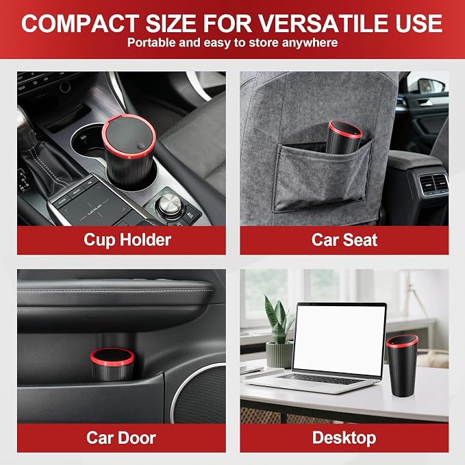 Car Trash Can with Lid, Leakproof Mini Garbage Bin for Car Cup Holder, Small Trash Can for Vehicle, Home & Office - Includes 30 Bags, Easy Clean (Black-Red)