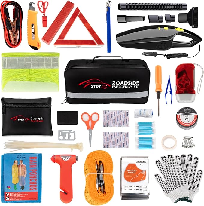 Car Roadside Emergency Kit, Vehicle Truck Safety Road Side Assistance Kits Auto Accessory, with Jumper Cables, Car Vacuum, etc