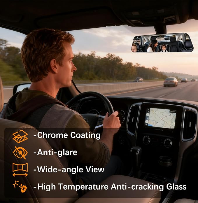 Panoramic Rear View Mirror 12 Inch Chrome Anti-glare for Car SUV | Universal Convex Clip on Large Rear Mirrors Car Interior Extra Big Wide Angle Rearview Mirror Extender to Reduce Blind Spot