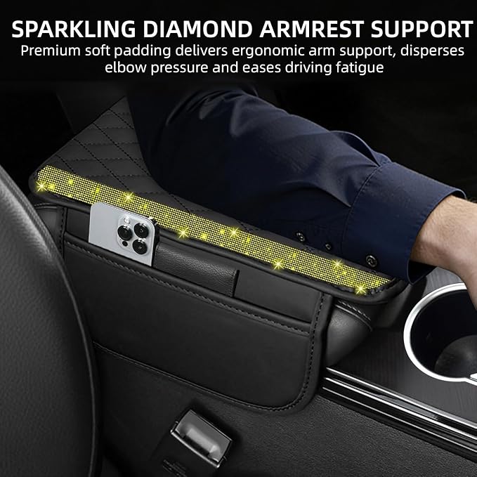 Bling Car Center Console Cover, Leather Car Arm Rest Cover Cushion with 2 Storage Bags, Universal Auto Armrest Protector Storage Box, Bling Accessories Interior for Most Vehicles (Yellow)
