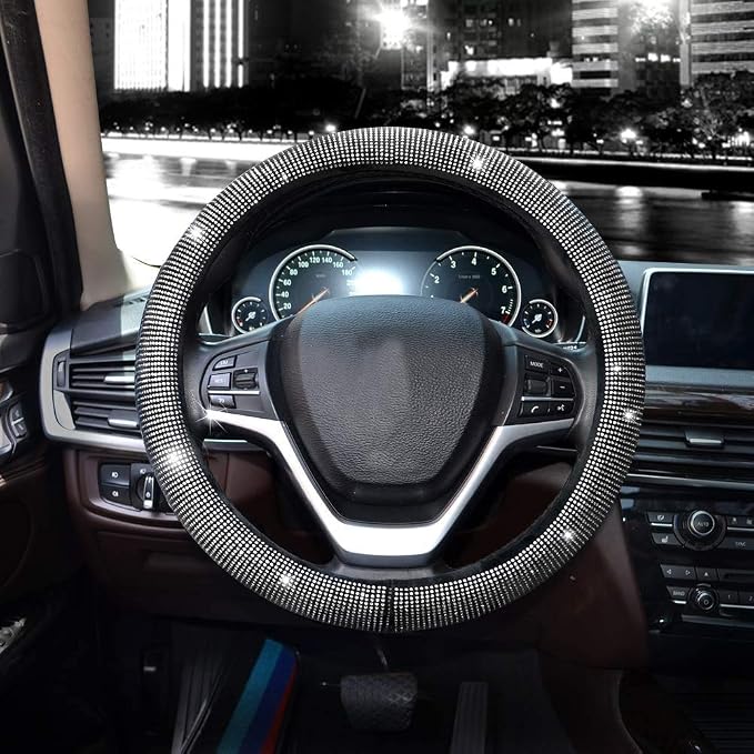 Steering Wheel Cover for Women Men Bling Bling Crystal Diamond Sparkling Car SUV Wheel Protector Universal Fit 15 Inch (Black with White Diamond,Standard Size(14" 1/2-15" 1/4))