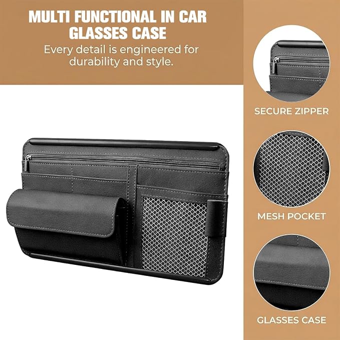Car Sun Visor Organizer with Zipper Pocket, Multi-Pocket Vehicle Visor Storage Pouch with Card Sleeve, Eyeglasses Holder Box, Auto Interior Sunvisor Organizer Pocket, Universal Fit (Black)