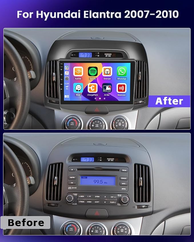 2+64GB for Hyundai Elantra 2007-2010 Android Car Stereo, 9 Inch Touchscreen Car Radio with Wireless Carplay, Android Auto, GPS Navigation, WiFi, Bluetooth, FM RDS, EQ + AHD Backup Camera