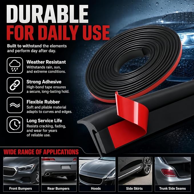 16.5Ft Universal Car Weather Stripping - T-Shape Rubber Edge Trim (5x7mm), Self-Adhesive Automotive Sealing Strip for Windshield, Bumper, Fender Flare & Side Skirt, Soundproof & Waterproof