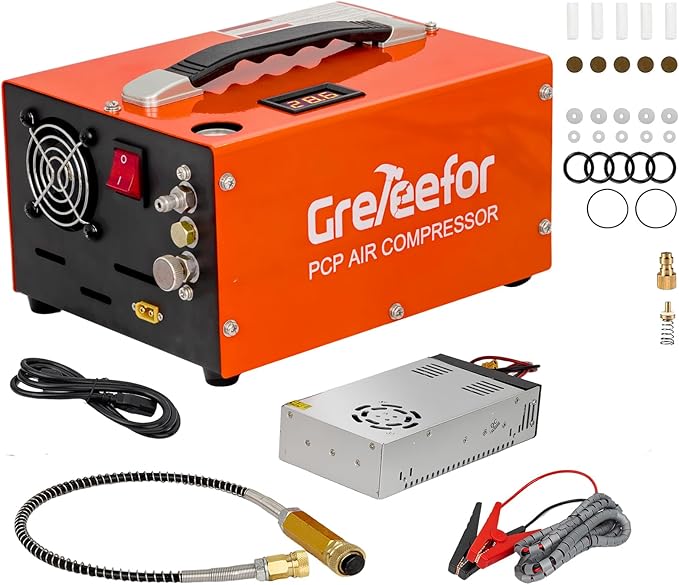 PCP Air Compressor, 4500 PSI / 30 MPa, Dual Power Car 12V DC or Home 110V/220V AC, Retractable Handle, Water/Oil-Free for Paintball/PCP Rifle/HPA Tank, Manual Stop, 250W, Orange