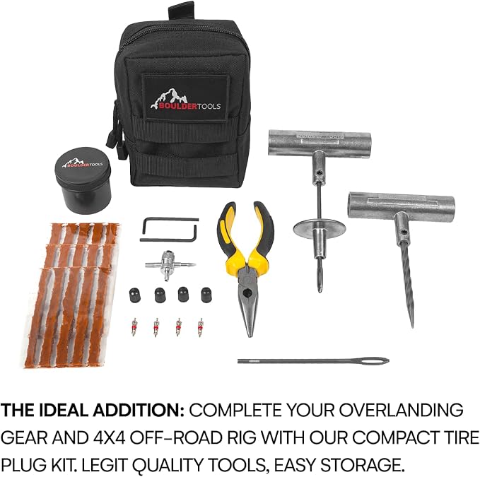 Compact Tire Repair kit with Molle Storage Pouch. Heavy Duty Universal Tire Plug Kit, Easily Stores Inside Your UTV, ATV, Truck, Motorcycle, Overlanding Gear or RV