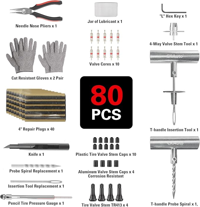 Tire Plug Repair Kit, Heavy Duty Car Emergency Tool Kit for Flat Tire Puncture Repair, 80 Pcs Value Pack, Tire Patch Kit fit for Autos, Cars, Motorcycles, Trucks, RVs, etc.