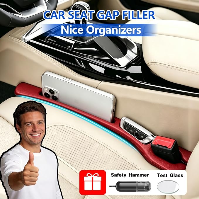 Car Seat Gap Filler Organizer 2Pcs,Car Accessories with Safety Hammer,2 in 1 No Drop Seat Guard with Storage Slot for Phone,Keys,Universal Interior Gap Filler for Cars SUV Truck,Beige