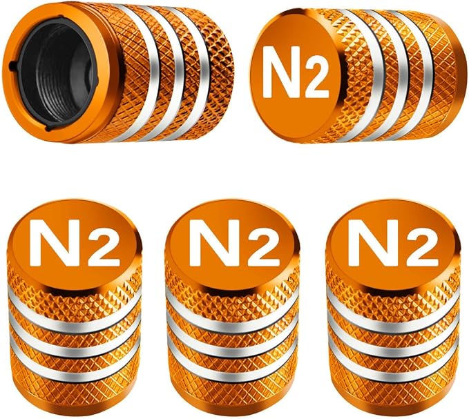 Tire Valve Stem Caps Cover - (5 Pack) Tire Air Cap N2 Nitrogen Metal with Plastic Liner Corrosion Resistant Leak-Proof for Car Truck Motorcycle Bike Orange