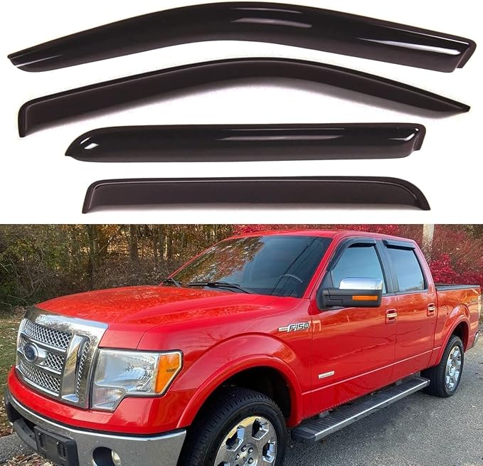 Side Vent Window Visors Wind Deflectors Guard Shade for F150 SuperCrew/Crew Cab Sun Rain Guards 2009-2014,Tape On Smoke Out-Channel Vent Deflector,Weatherproof Side Window Deflector,4PC-Set 94155