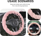 Fluffy Car Steering Wheel Cover, 15 Inches Anti-Slip Round Fuzzy Winter Steering Wheel Protector, Soft Warm Plush Steering Wheel Cover for Women Girls, Car Accessories (Pink, Round)