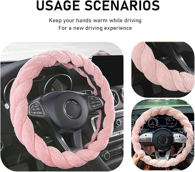 Fluffy Car Steering Wheel Cover, 15 Inches Anti-Slip Round Fuzzy Winter Steering Wheel Protector, Soft Warm Plush Steering Wheel Cover for Women Girls, Car Accessories (Pink, Round)