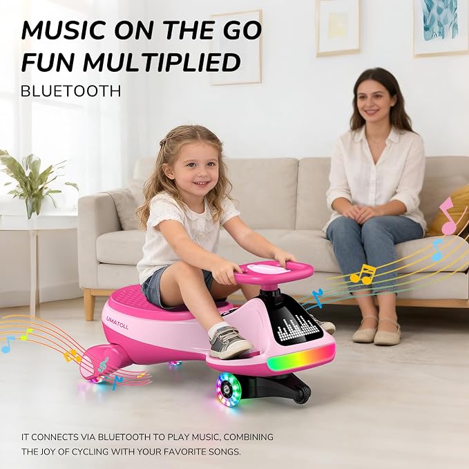 12V Electric Wiggle Car for Kids with Pedal, Display, Rechargeable Battery, LED Light, Bluetooth, Light-Up Wheels, Anti-Rollover, 2 Speeds, Ride on Toys, Birthday Gifts for Age 3+, 150Lbs