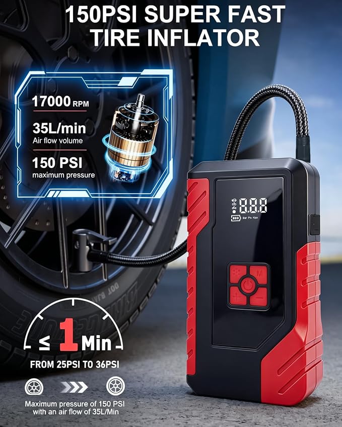 Car Jump Starter with 150PSI Tire Inflator, Portable Car Battery Booster, All-in-One Roadside Emergency Kit with Power Bank & LED Light