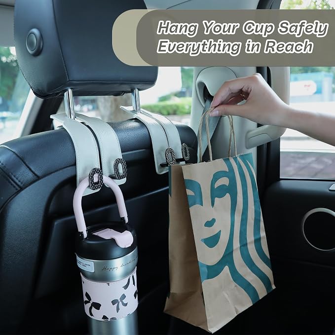 Car Headrest Hooks Universal Car Purse Hook Premium Leather and Alloy Twin Hook Car Seat Back Storage Hanger Hook for Purse Bags Cloth Drink Durable Holder Car Accessories (BH09-White-Black-4 Pcs)