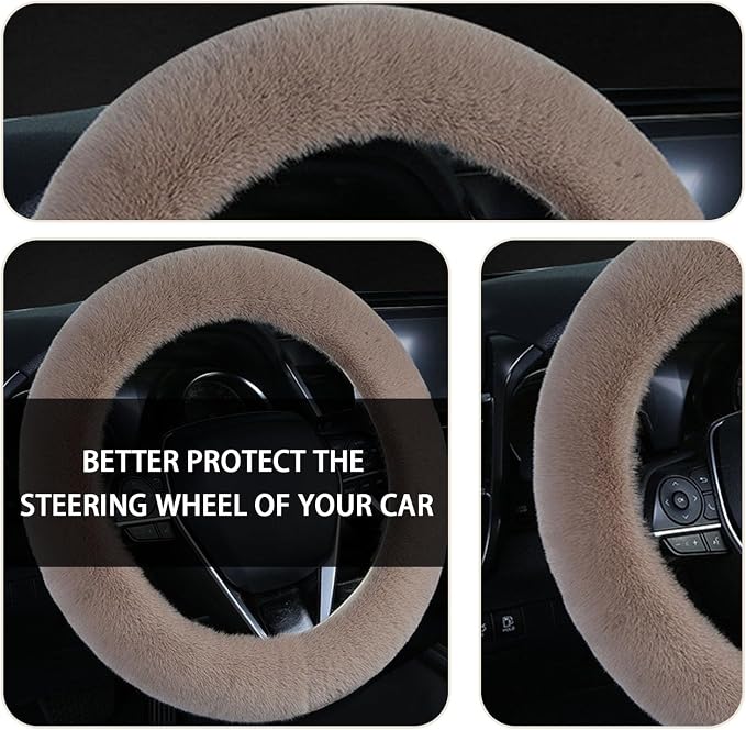 Fuzzy Steering Wheel Cover, 15 inch Soft Wool Fur Steering Wheel Protector, Fluffy Wheel Covers for Winter Warm, Car Interior Decoration Accessories for Women Men (Light Brown)