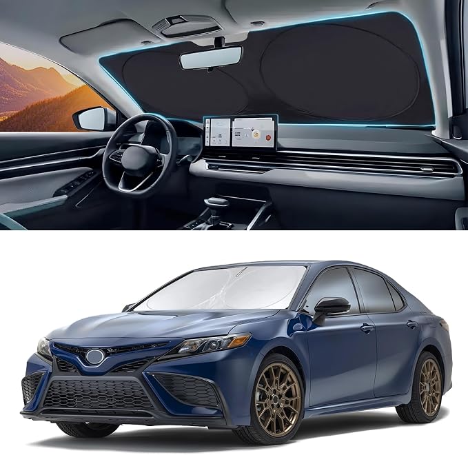 Windshield Sun Shades Custom Fit for Toyota Camry 2007-2017- Sunshade for Front Window Cover - Double Layer Heat Shield Sun Visor Cool Car Accessory