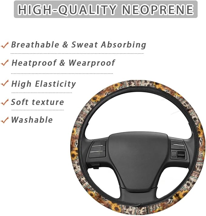 Aztec Highland Cow Cowboy Sunflower Car Steering Wheel Cover Universal 15 Inch Auto Accessories Car Interior Decoration for Women Men Fit Cars SUV Sedan Vans Trucks