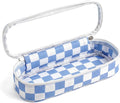 Preppy Checkered Clear Travel Makeup Brush Holder,Blue and Beige Checkered Makeup Brush Toiletry Bag, Portable Cosmetic Brush Case,Transparent Waterproof Makeup Brush Storage Bag