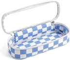 Preppy Checkered Clear Travel Makeup Brush Holder,Blue and Beige Checkered Makeup Brush Toiletry Bag, Portable Cosmetic Brush Case,Transparent Waterproof Makeup Brush Storage Bag