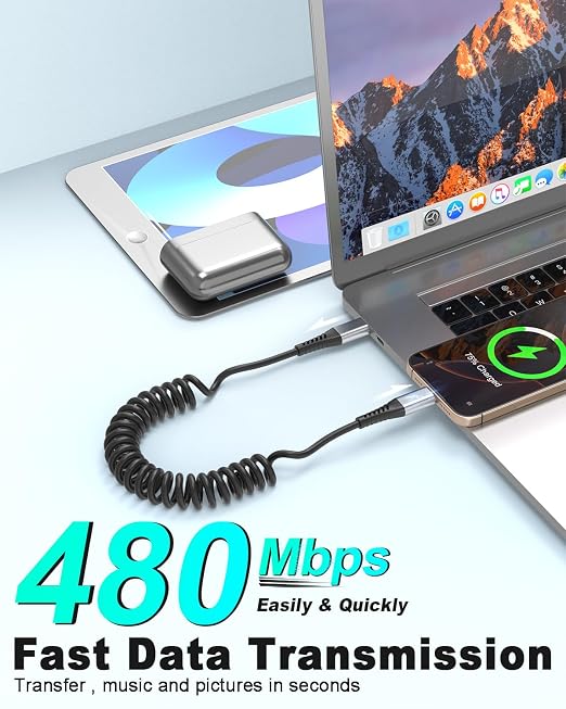 Coiled USB C to USB C Cable, 2 Pack Retractable USB Type C Charging Cable 60W USB C to C Coiled Cord for iPhone 16 15 Pro, Samsung Galaxy S25 S24 Ultra / A16, Moto G, Google Pixel, iPad Air 4