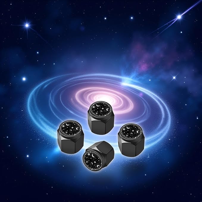 Tire Valve Stem Caps Cover,4 Pcs Metal Black Air Valve Cap, Aluminum Car Wheel Stem Caps,Universal Stem Covers for Cars,Trucks,Bikes,Motorcycles,Corrosion Resistant (Moon Star)