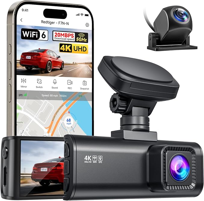 F7N-N 4K Dash Cam Front and Rear, 5.8GHz WiFi-20 MB/s Fast Transfer Dashcam, 2160P/FHD Car Camera with GPS Tracking, 3.18" Screen, WDR Night Vision, 170° Wide Angle, 24H Parking Mode