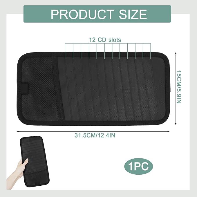 Sun Visor CD Holder, 12-Capacity Car Visor Organizer with DVD Sleeves and Mesh Pocket, Universal Visor Storage for Vehicle CD Case and Pen Holder Ergonomic Design (Black 1 Pcs)