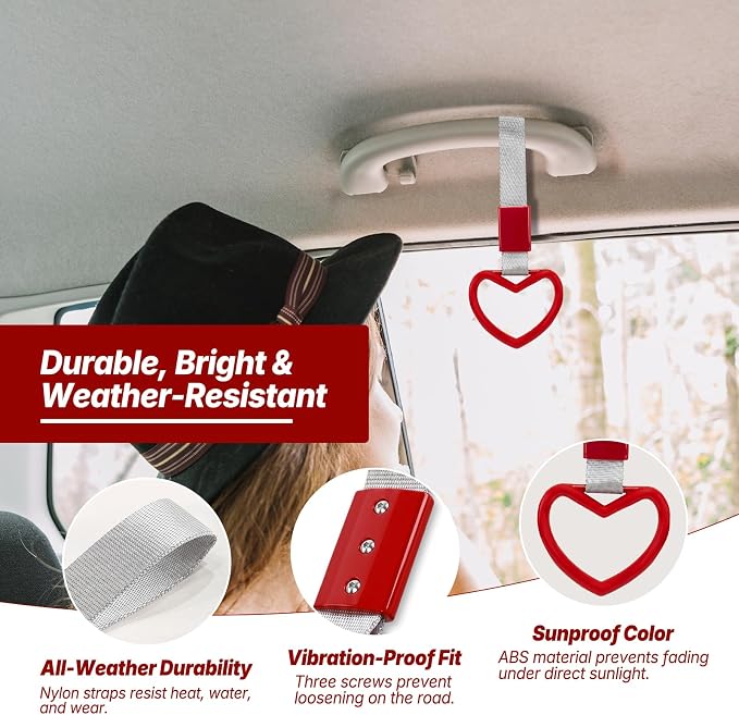 2 Pcs Heart Shaped Car Handle Strap – JD M Drift Charm Rear Bumper Warning Ring Decor for Car Interior Exterior, Subway Bus Handle Accessory, Cute Heart Car Decor Gift for Drivers (Red-Silver)