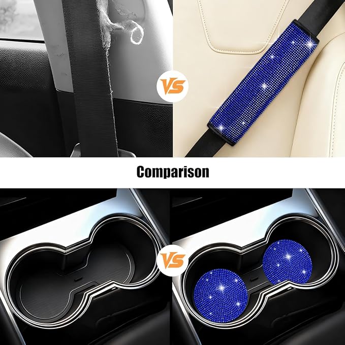 11PCS/Set Bling Car Accessories Set for Women, Rhinestone Vehicle Steering Wheel Cover Seat Belt Cushion Gear Shift Protector Cup Holder Coaster, Universal Automotive Accessories (Blue)