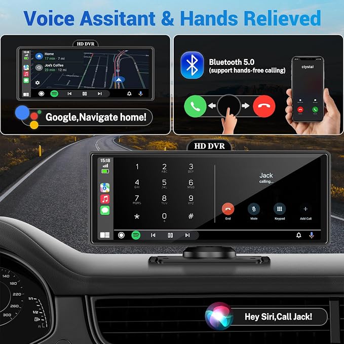 Wireless Apple Carplay Screen for Car with 4K Dash Cam, 10.26" Portable Apple Carplay & Android Auto, HD Touchscren with 1080p Backup Camera, Mirror Link/Voice Control/Music Play/GPS Navigation