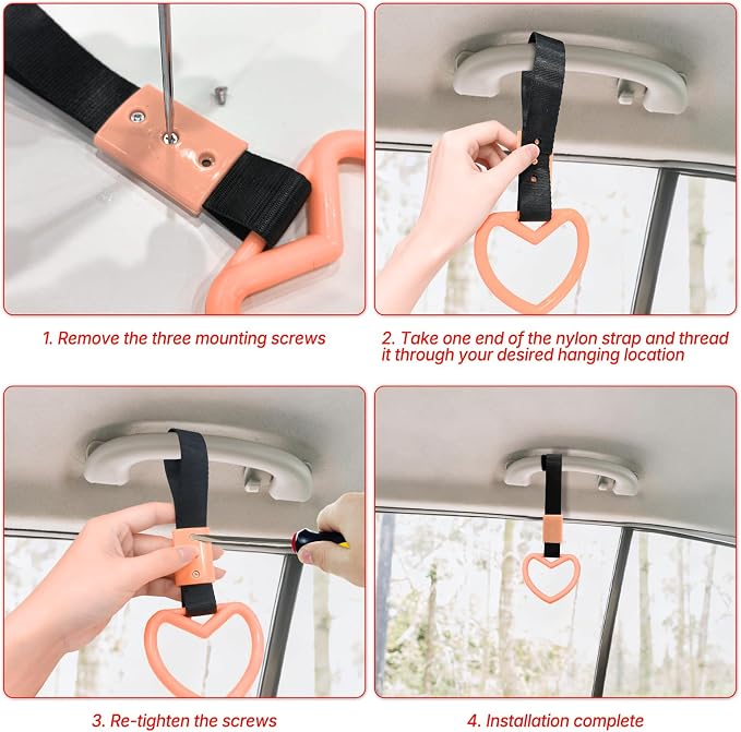 2 Pcs Heart Shaped Car Handle Strap – Drift Charm Rear Bumper Warning Ring Decor for Car Interior Exterior, Subway Bus Handle Accessory, Cute Heart Car Decor Gift for Women & Men (Luminous Red)