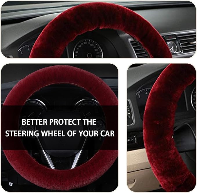 Fuzzy Steering Wheel Cover, 15 inch Soft Wool Fur Steering Wheel Protector, Fluffy Wheel Covers for Winter Warm, Car Interior Decoration Accessories for Women Men (Wine Red)