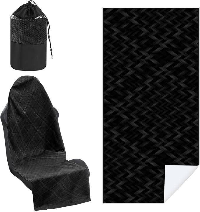 Car Seat Towel Covers with Storage Bag, 63 x 32 Inch Universal Non Slip Waterproof Sweat Protector for Car Truck, Gym Swimming Running, Machine Washable(1 Pack,Black Plaid)