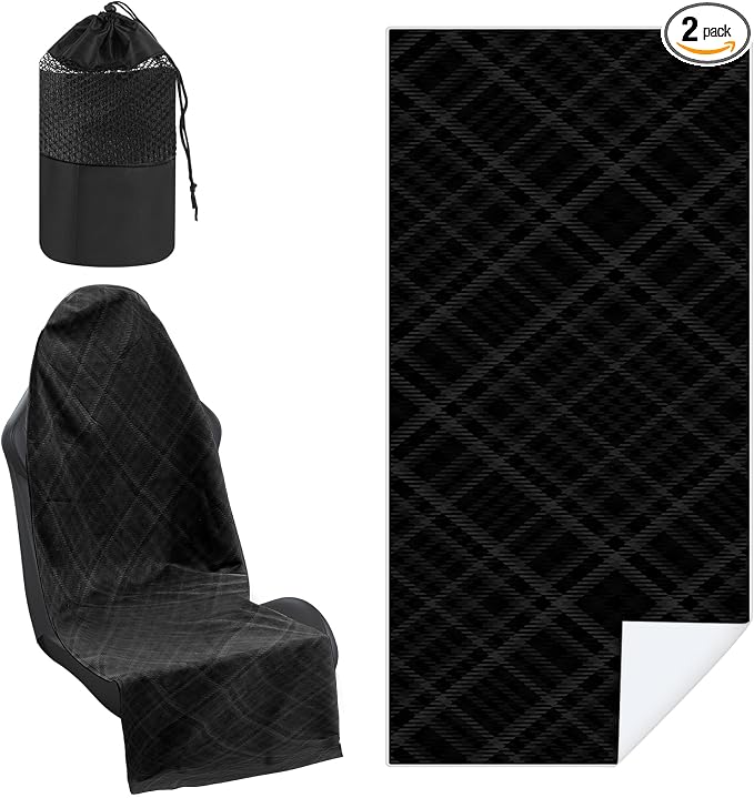 Car Seat Towel Covers with Storage Bag, 63 x 32 Inch Universal Non Slip Waterproof Sweat Protector for Car Truck, Gym Swimming Running, Machine Washable(2 Pack,Black Plaid)